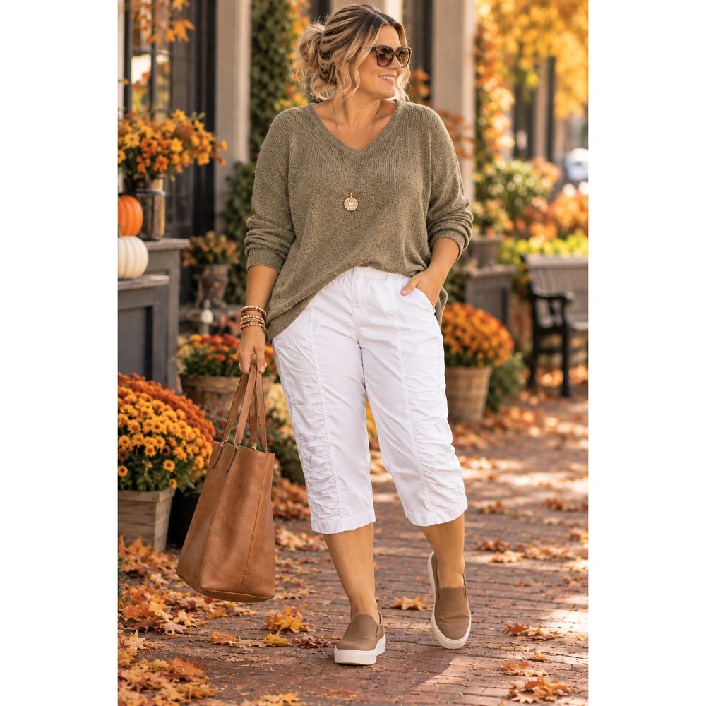 Wearables Core White Capri Pants 2X Ruched Pull On Stretch Lagenlook